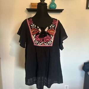 Bohemian Mexican Style Embroidered Black Floral Square-Neck Women’s Top